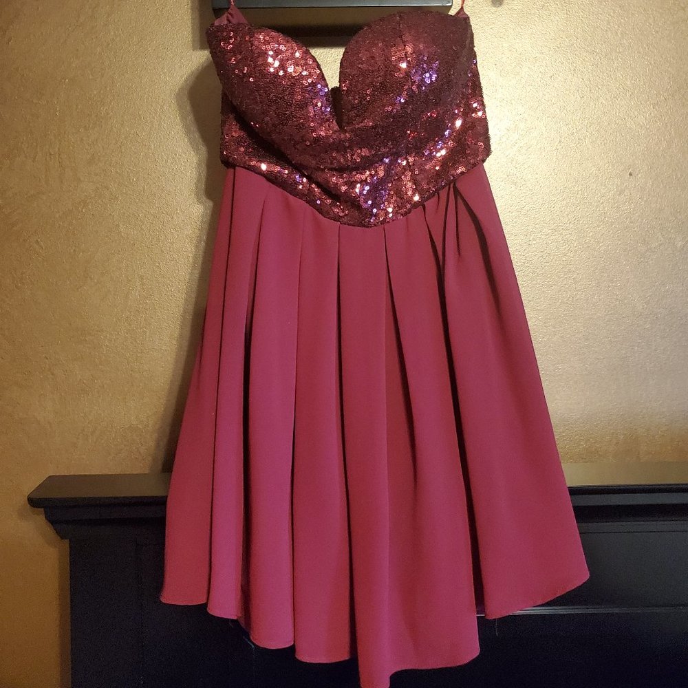 Windsor Burgundy Sequin Strapless Chiffon Dress